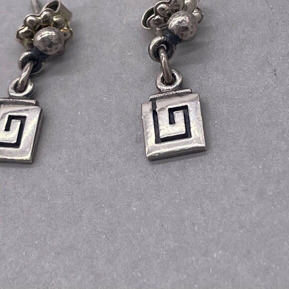 925 Sterling Silver Square Greek Key Dangle Drop Earrings Butterfly Closure - Picture 4 of 5